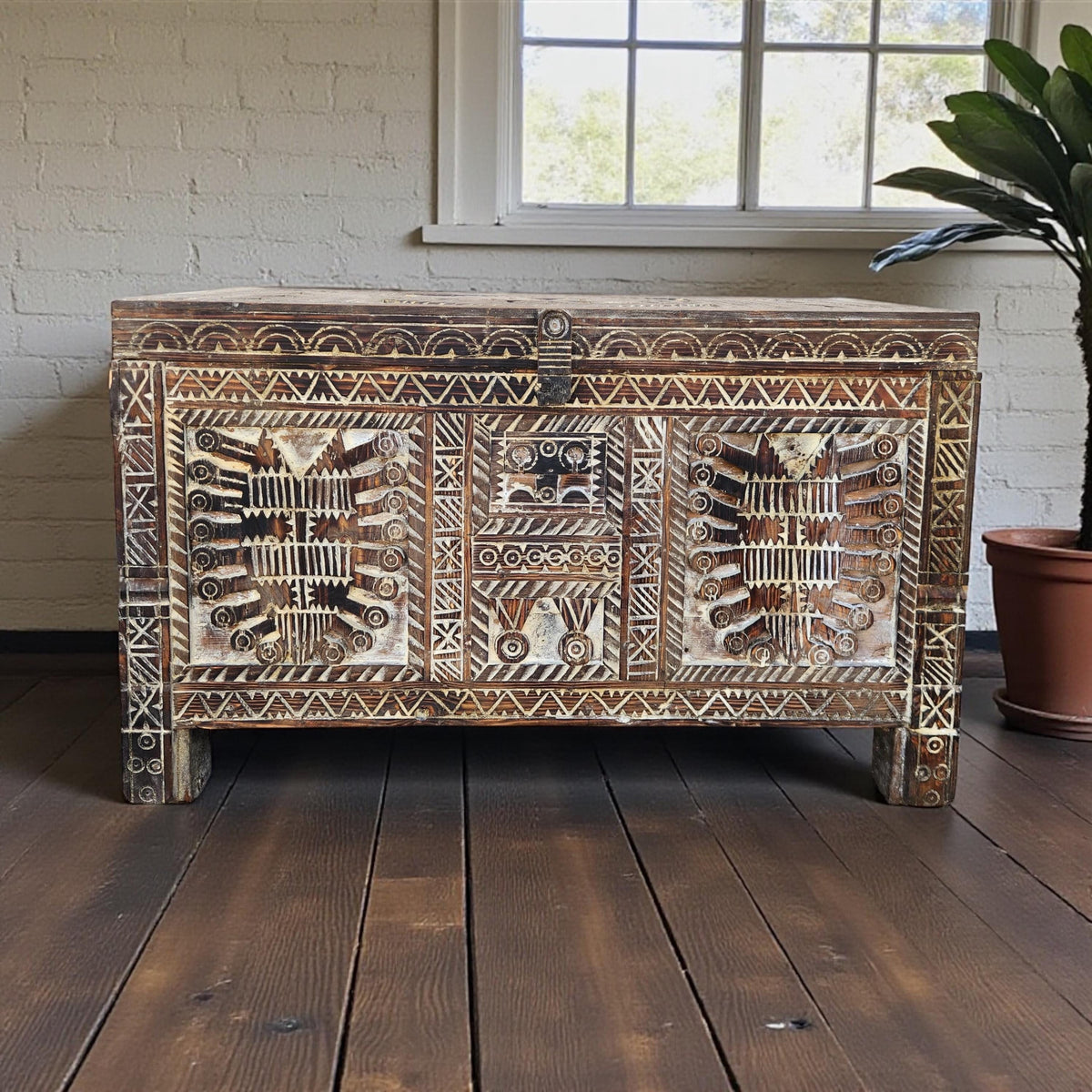 Vintage Carved Wood Moroccan Chest, Handmade Ethnic Furniture (64" Long)