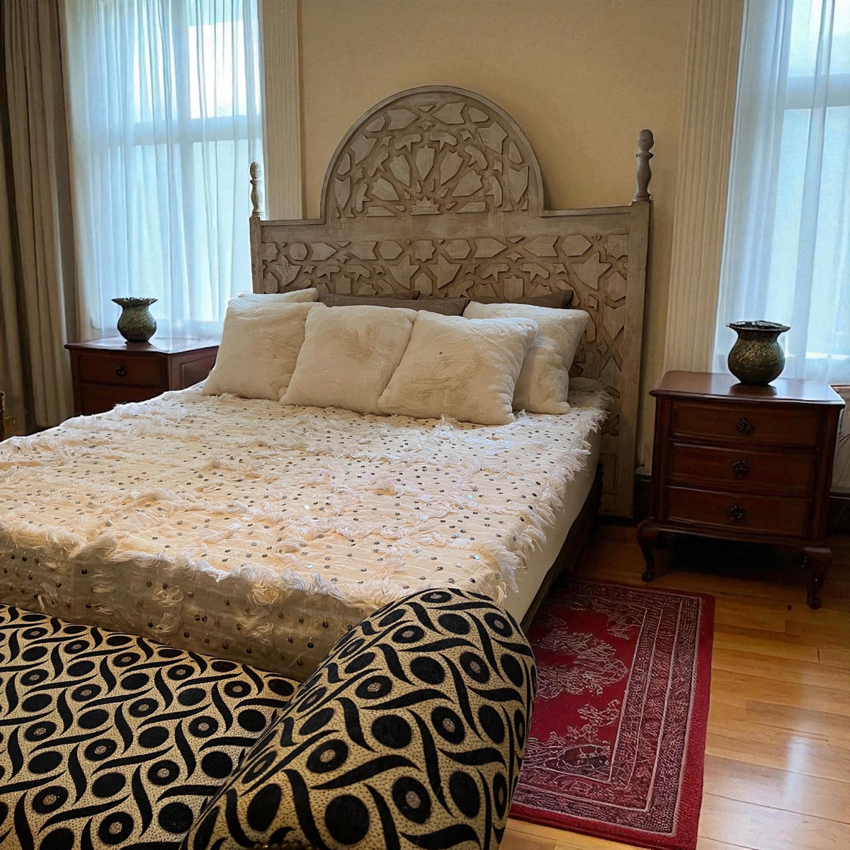 Geometric Wooden headboard Vintage headboard bed Handmade Moroccan bedroom furniture moorish Mediterranean arabian middle eastern bedroom
