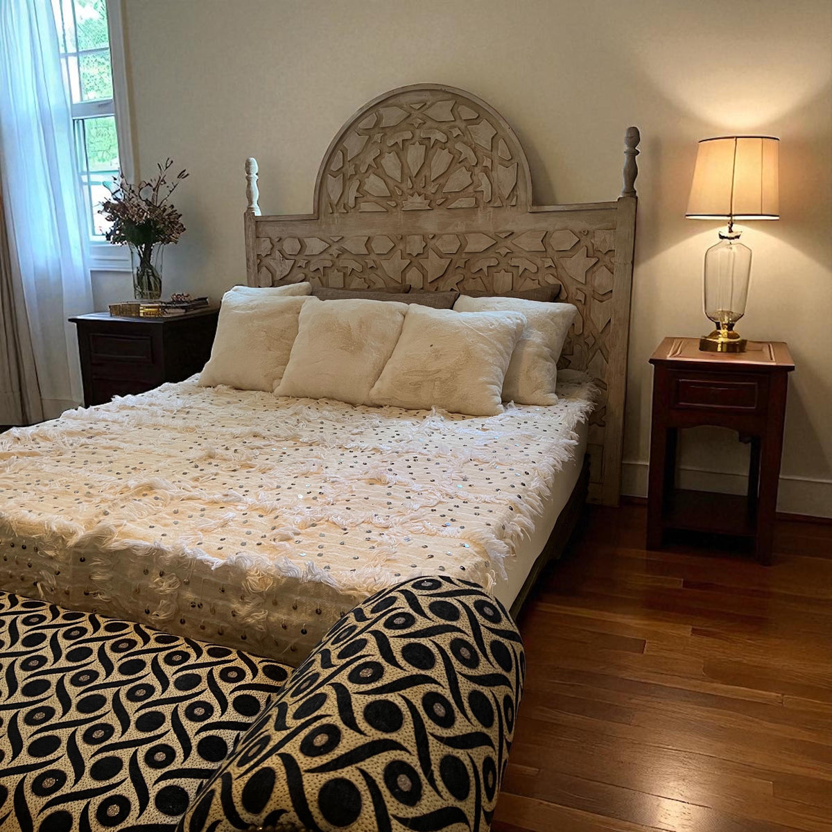 Geometric Wooden headboard Vintage headboard bed Handmade Moroccan bedroom furniture moorish Mediterranean arabian middle eastern bedroom