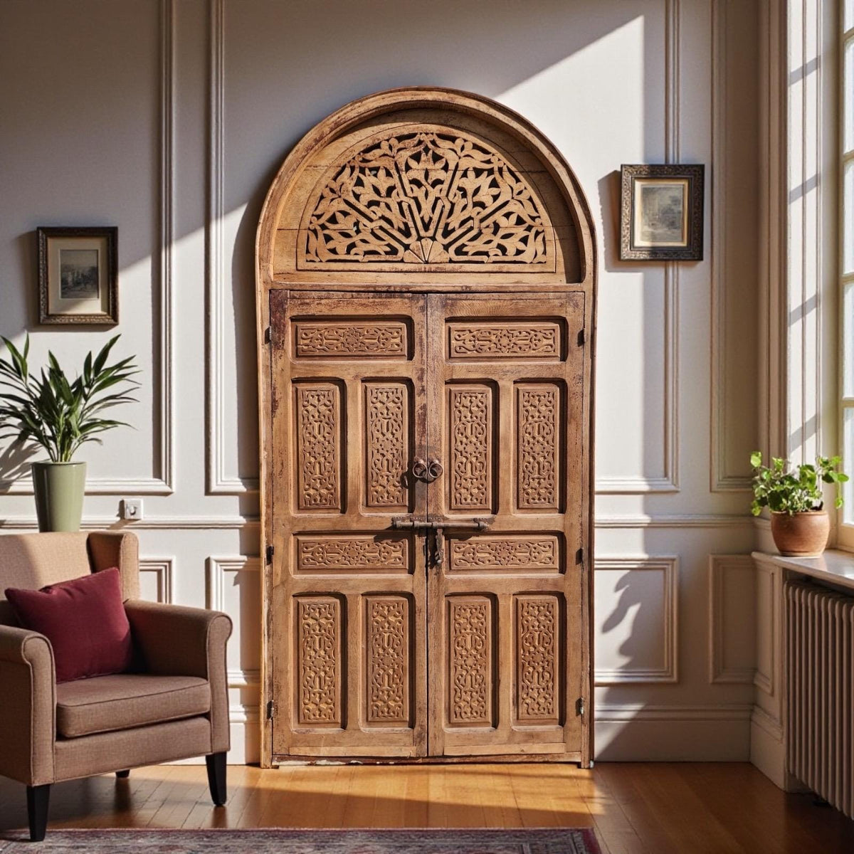 Antique Moorish Carved Door: Moroccan Riad, Handmade Double Door Panel