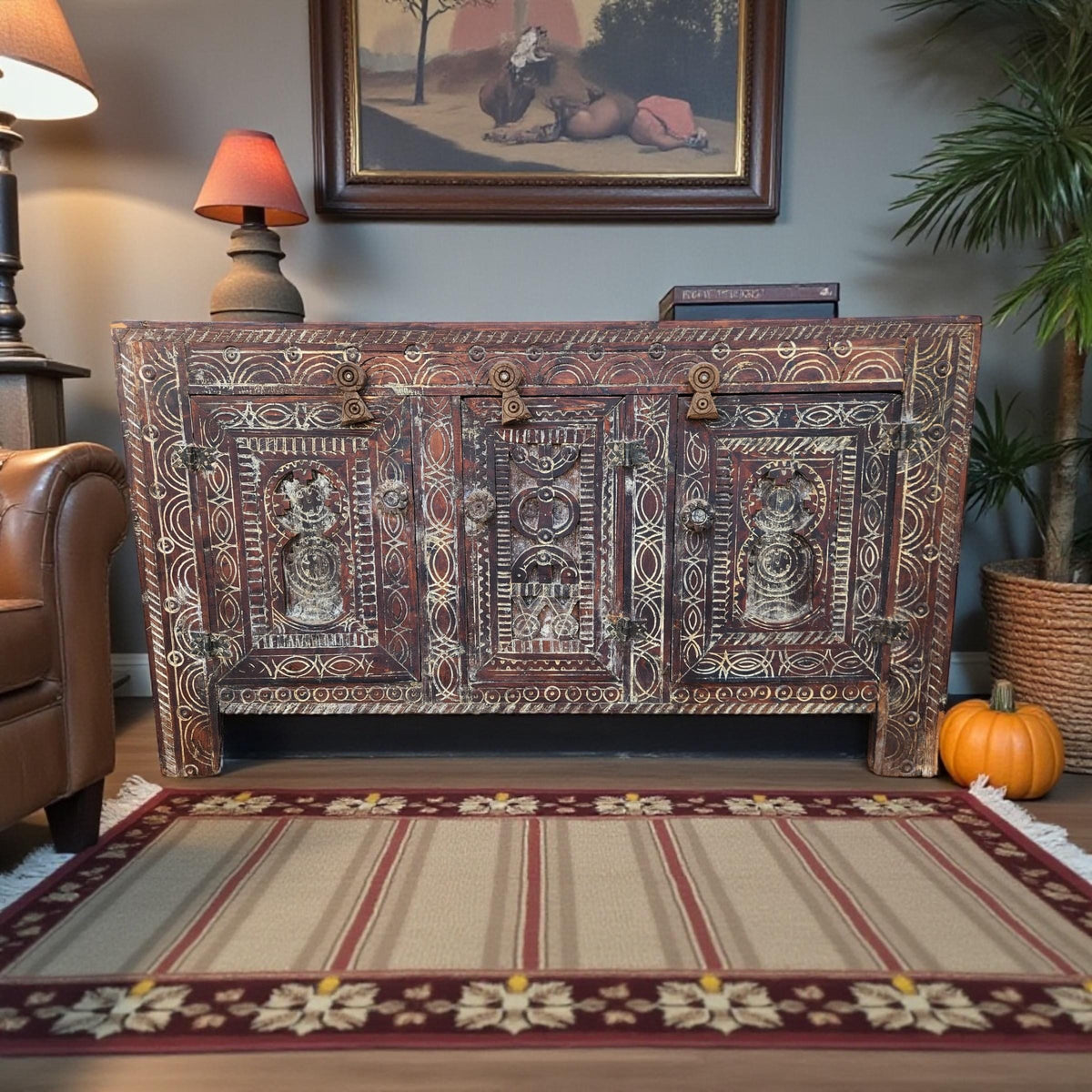 Vintage Moroccan Carved Wooden Cabinet: Ethnic Tribal Furniture