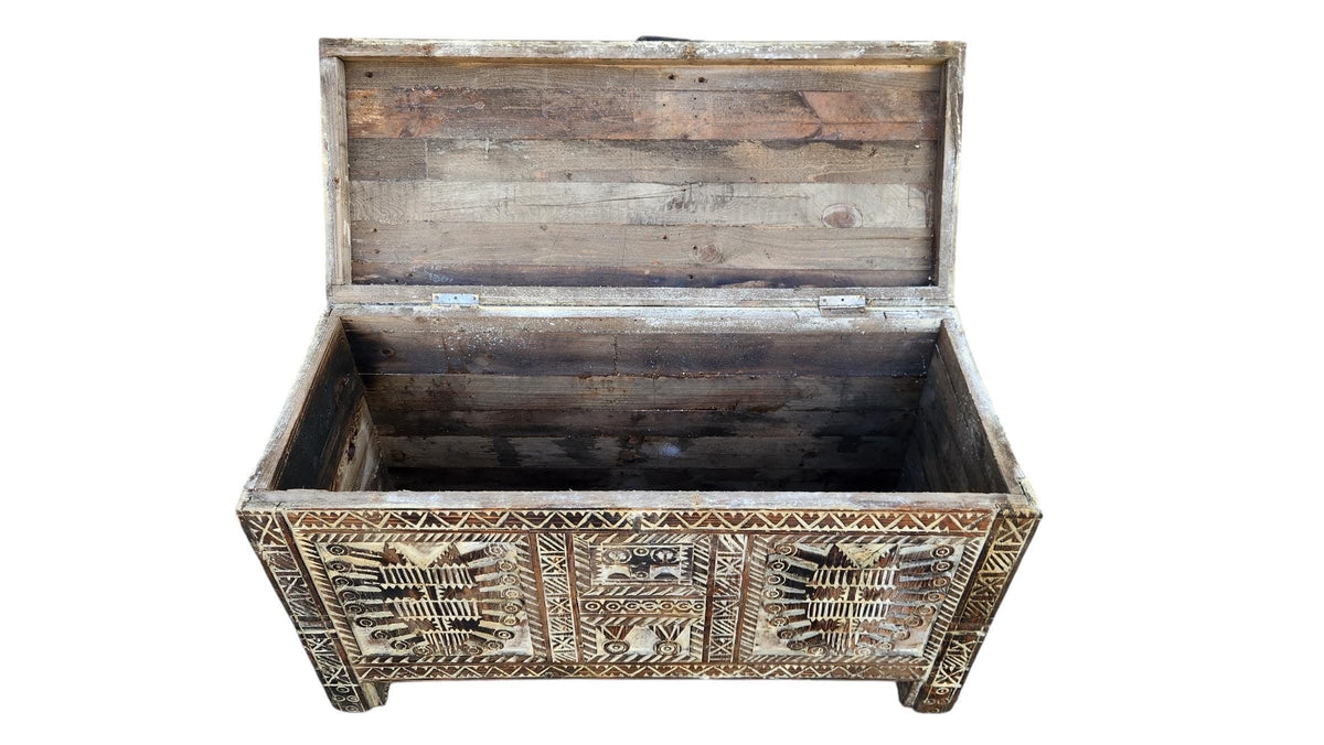Vintage Carved Wood Moroccan Chest, Handmade Ethnic Furniture (64" Long)