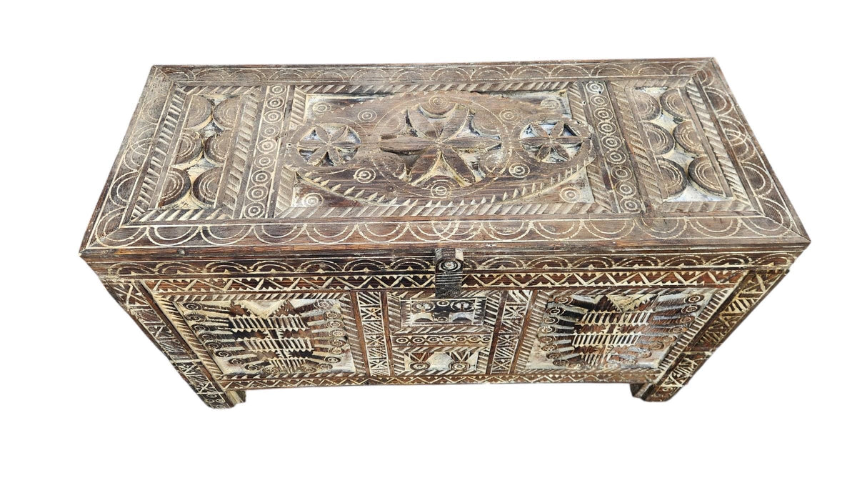 Vintage Carved Wood Moroccan Chest, Handmade Ethnic Furniture (64" Long)