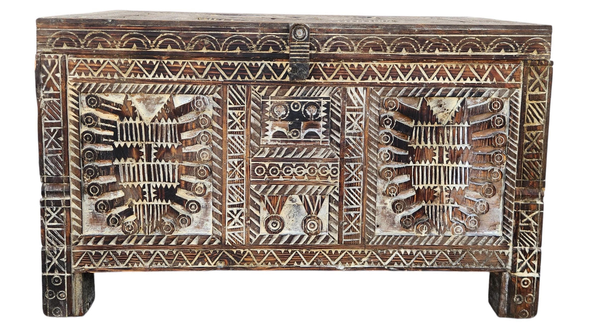 Vintage Carved Wood Moroccan Chest, Handmade Ethnic Furniture (64" Long)