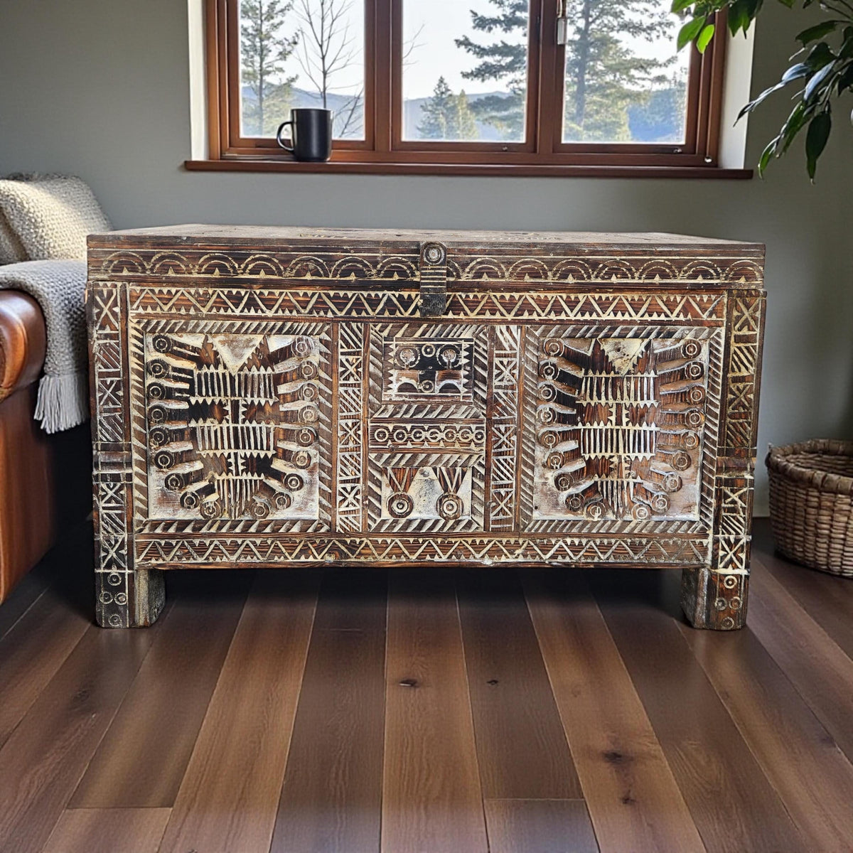 Vintage Carved Wood Moroccan Chest, Handmade Ethnic Furniture (64" Long)