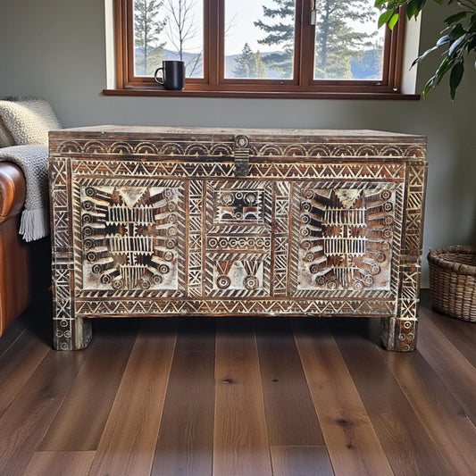 Vintage Carved Wood Moroccan Chest, Handmade Ethnic Furniture (64" Long)