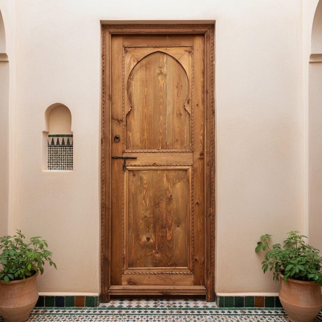 Handmade Moroccan Cedar Riad Door: Arched Architectural Interior Piece