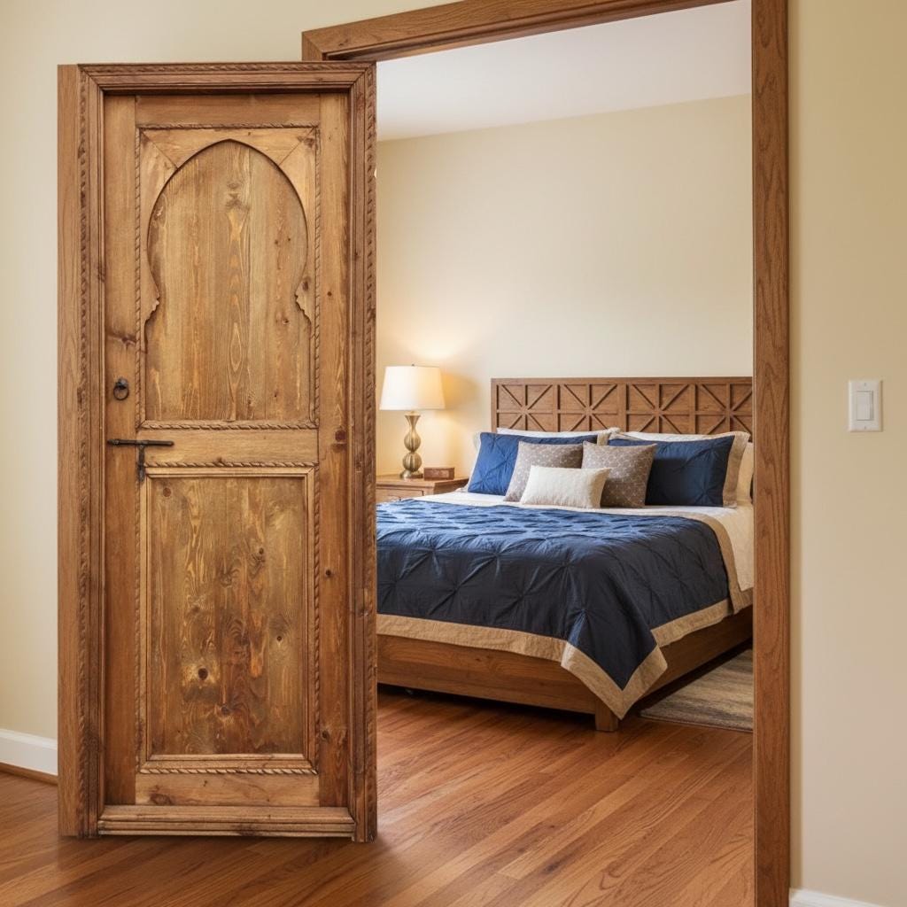 Handmade Moroccan Cedar Riad Door: Arched Architectural Interior Piece