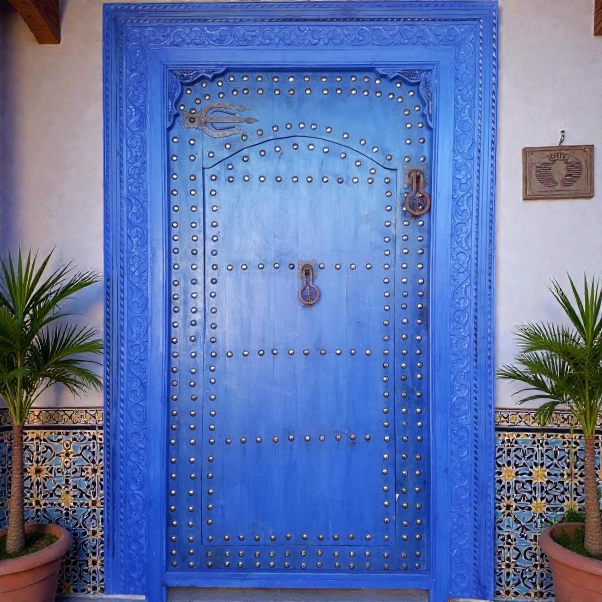 Hand Carved Moroccan Cedar Door, Blue Palace Gate (84x57)