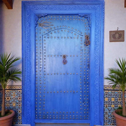 Hand Carved Moroccan Cedar Door, Blue Palace Gate (84x57)