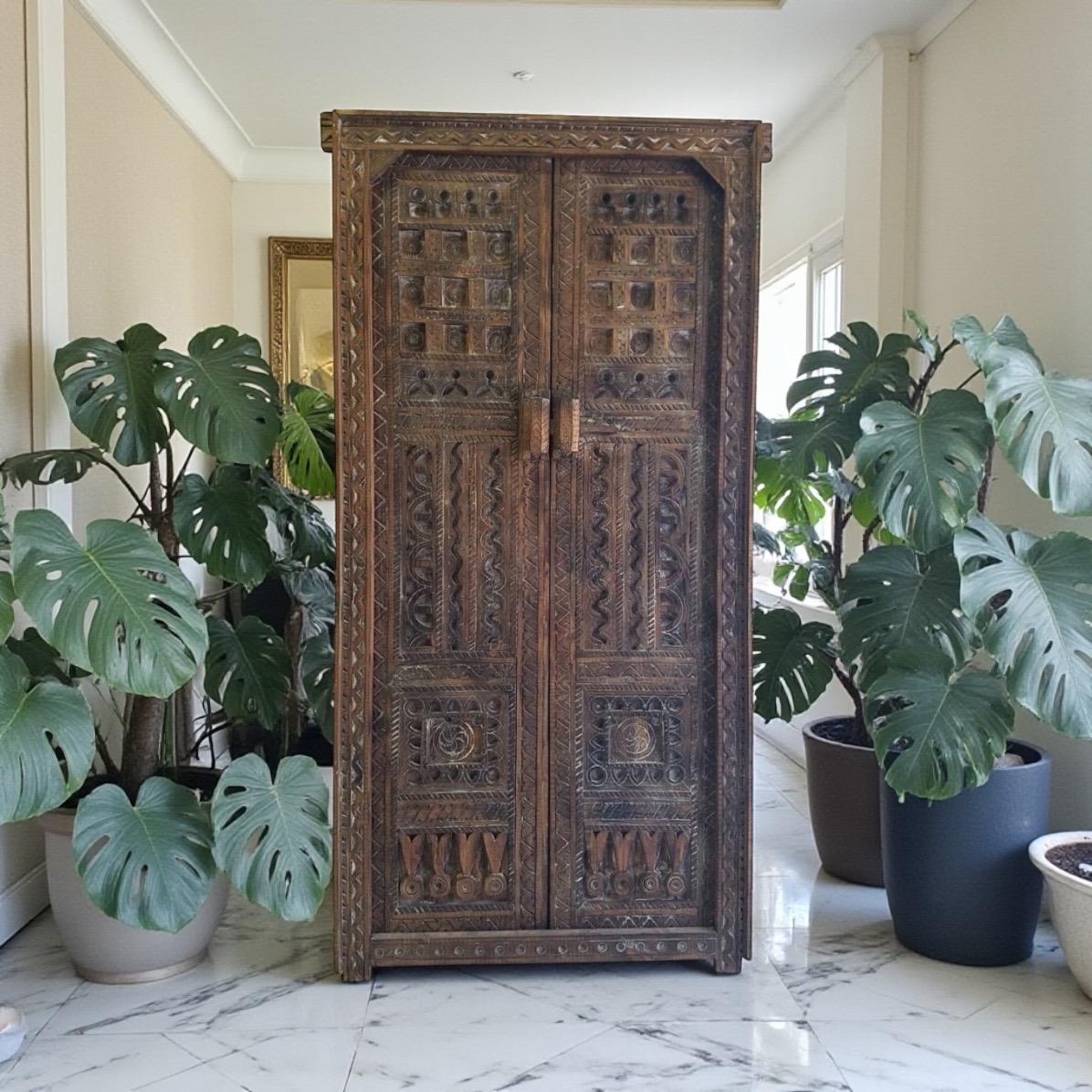 Vintage Carved Wooden Double Door Panel, Berber Symbols (73x36)