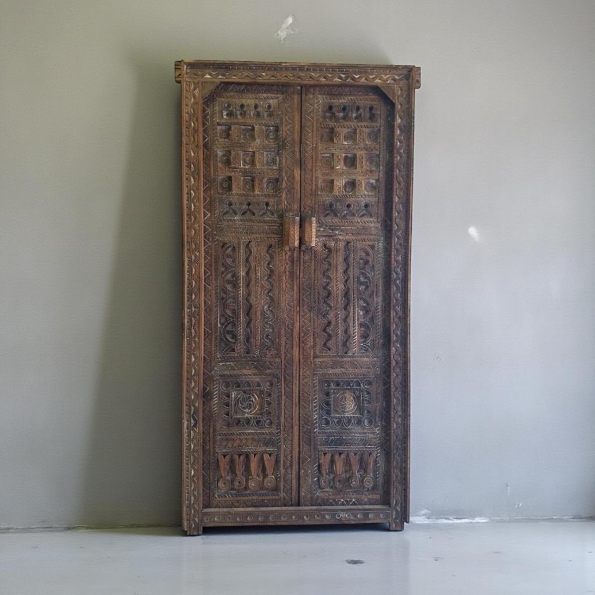 Vintage Carved Wooden Double Door Panel, Berber Symbols (73x36)