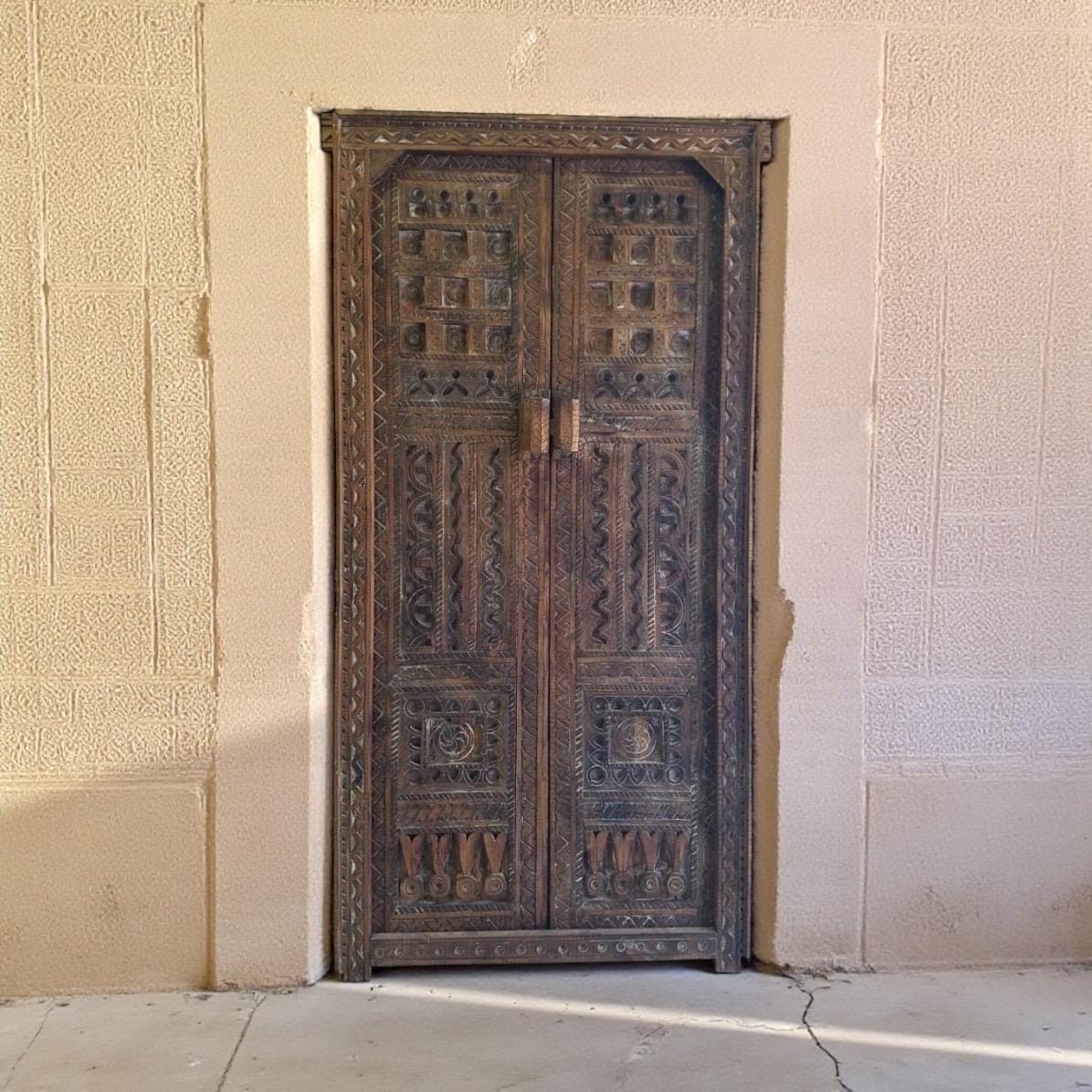 Vintage Carved Wooden Double Door Panel, Berber Symbols (73x36)