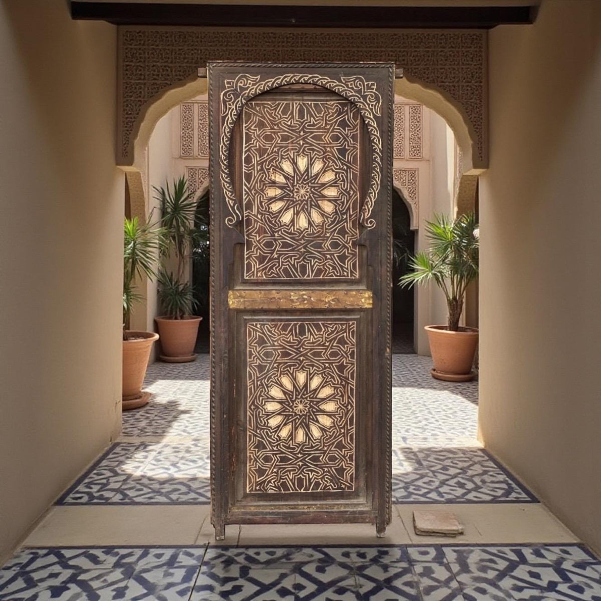 Vintage Moroccan Door, Geometric Hand Carved Wooden Panel (77x31)