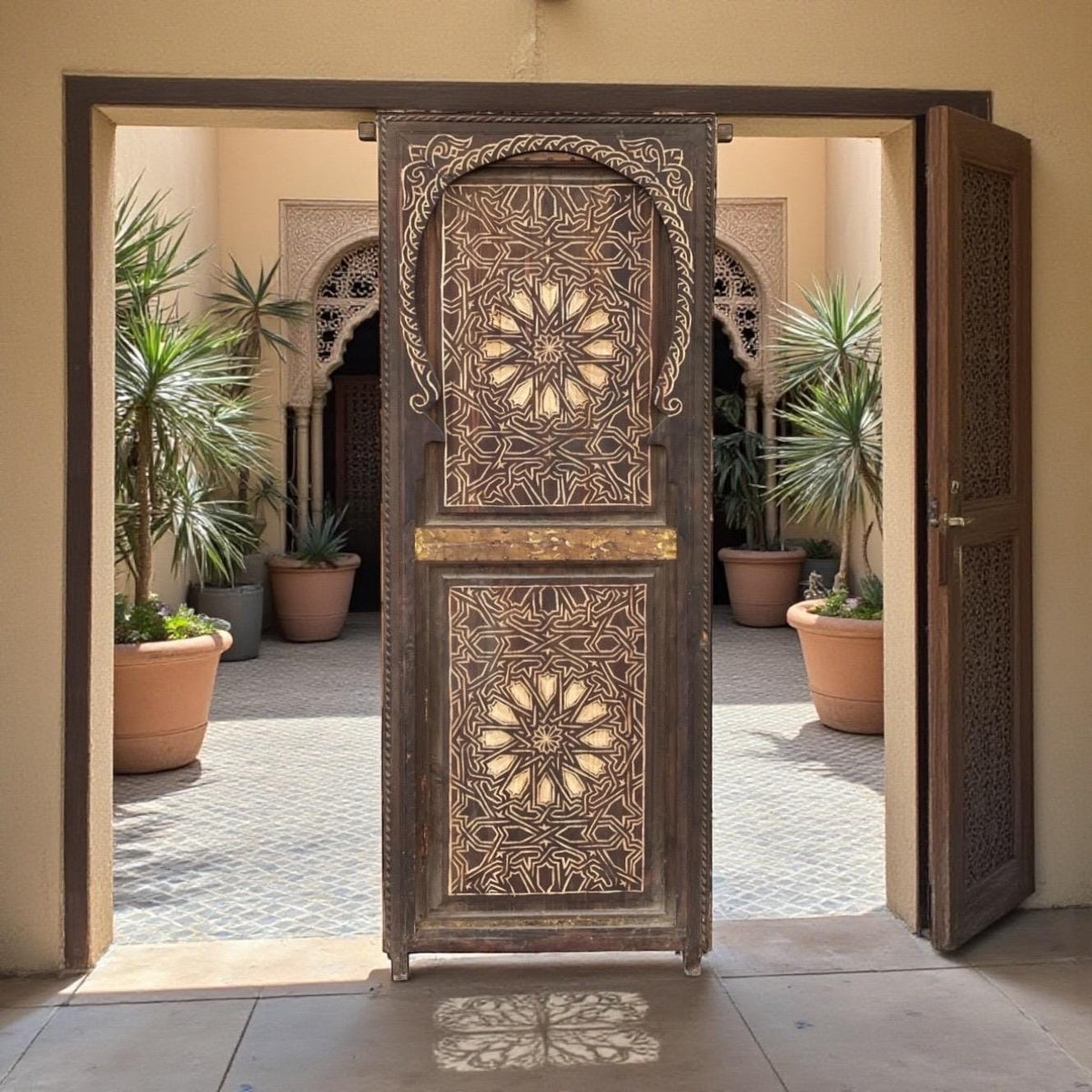 Vintage Moroccan Door, Geometric Hand Carved Wooden Panel (77x31)