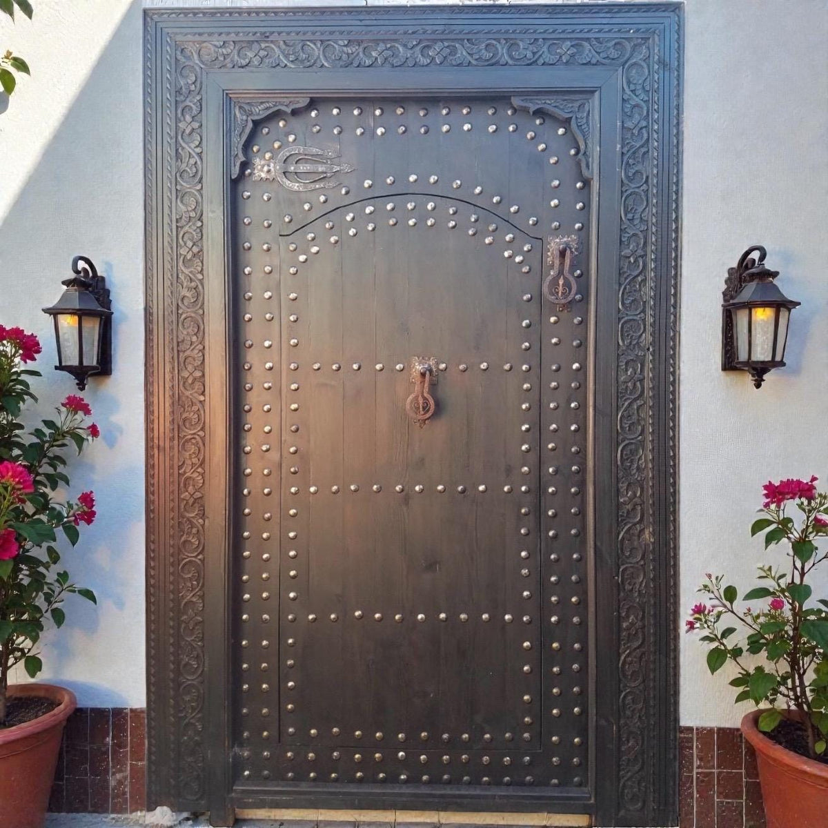 Hand Carved Cedar Moroccan Door: Palace Style, Metal Accents (84x57)