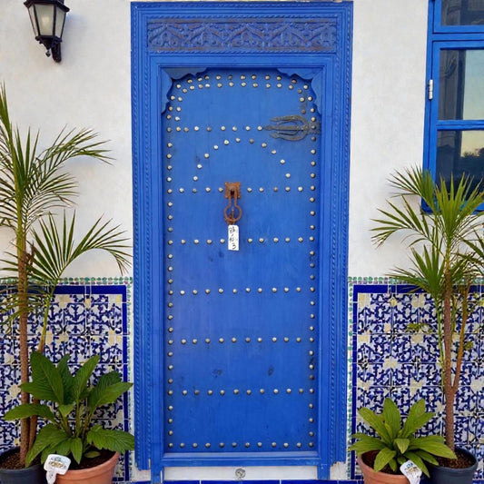 Vintage Carved Cedar Door, Moroccan Blue Moorish Decor (88x41)