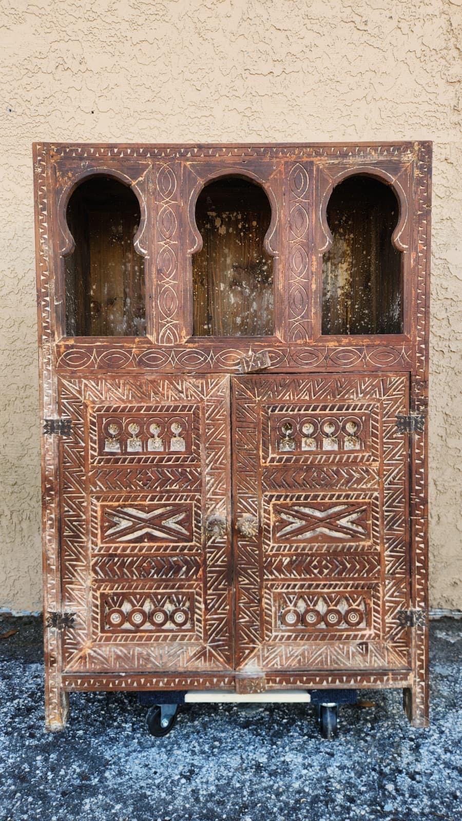 Handmade Moroccan Armoire: Carved Wooden Cabinet, Tribal Ethnic Design, Solid Wood Furniture