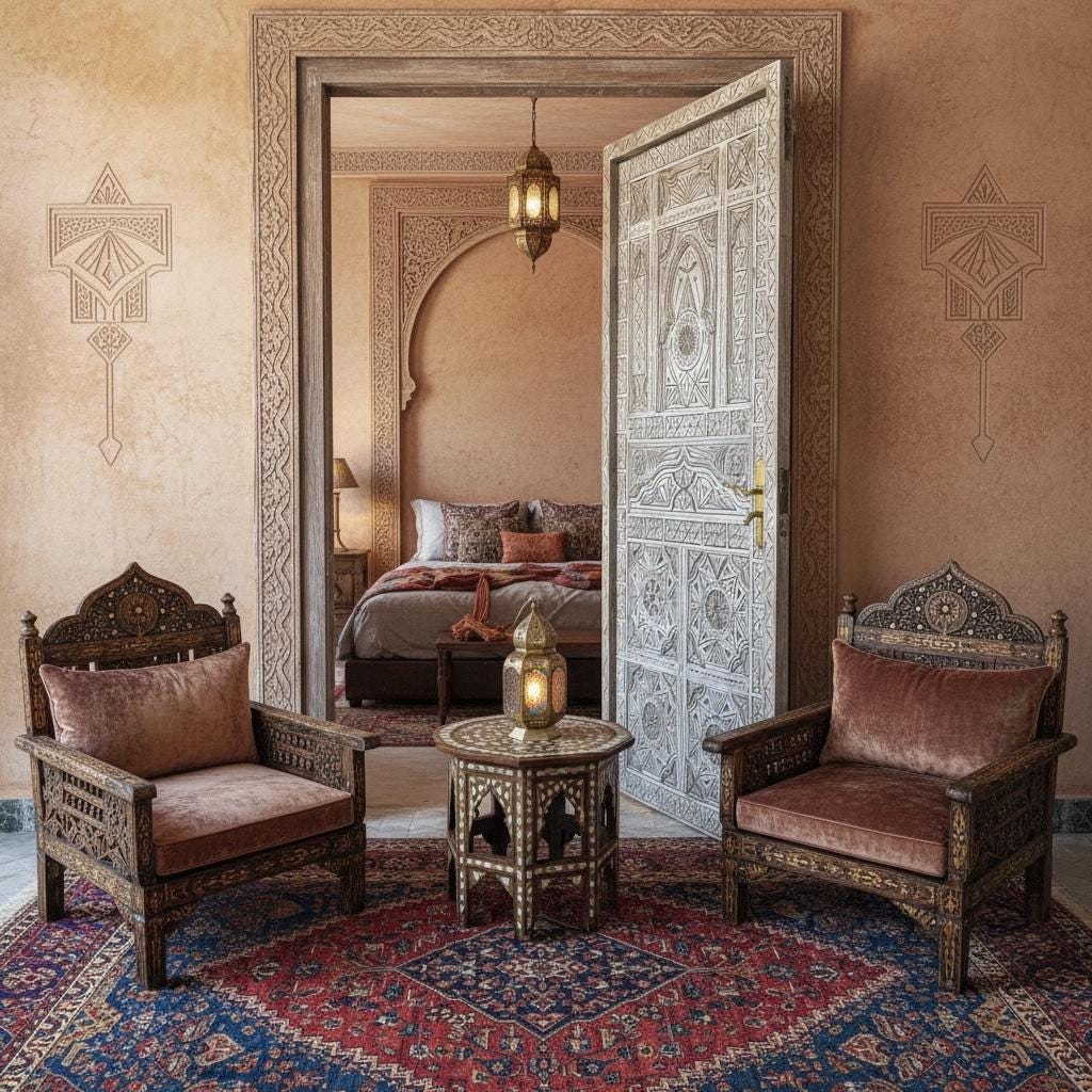 Carved bedroom Door Moroccan riad style: Brass Hardware