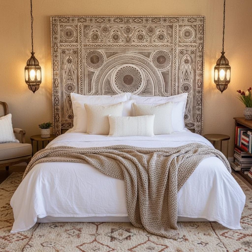 Handmade Moroccan Carved Headboard: Moorish Bedroom Furniture