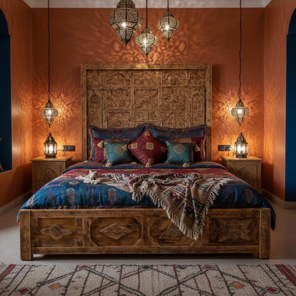 Vintage Hand Carved Touareg Bed: Moroccan Berber Nomad Furniture