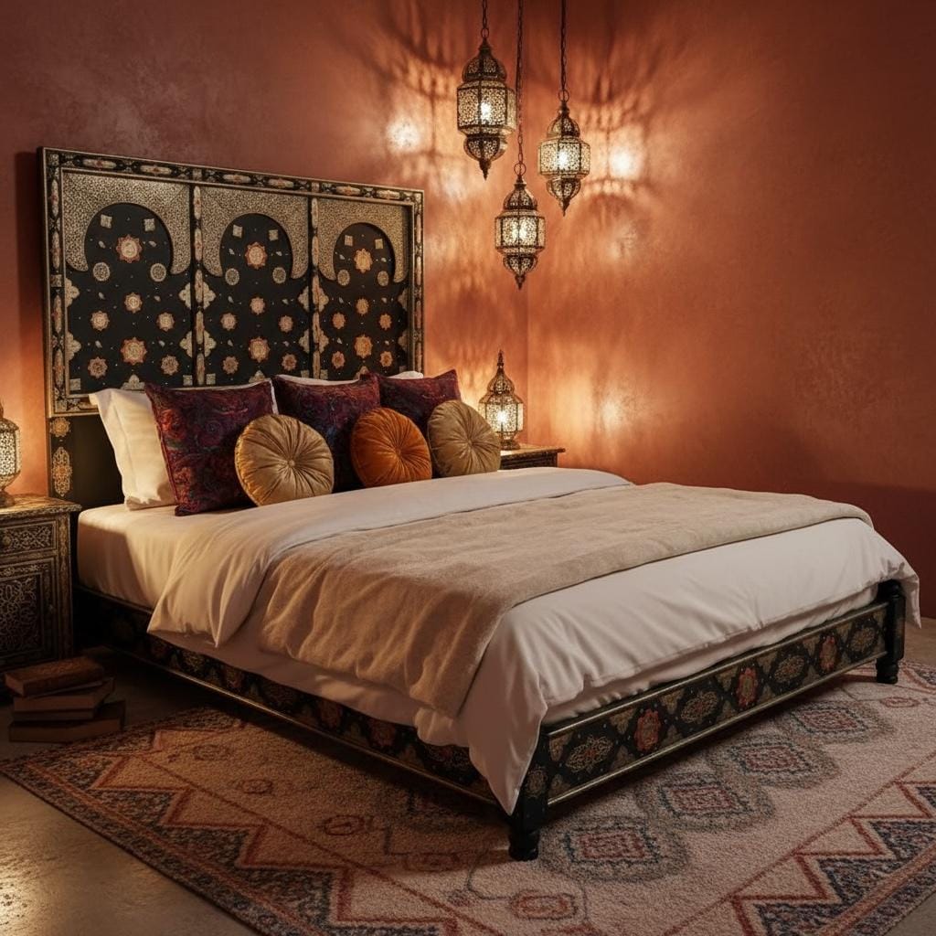 Vintage Silver Inlaid Camel Bone Headboard: Moroccan Sultan Bed