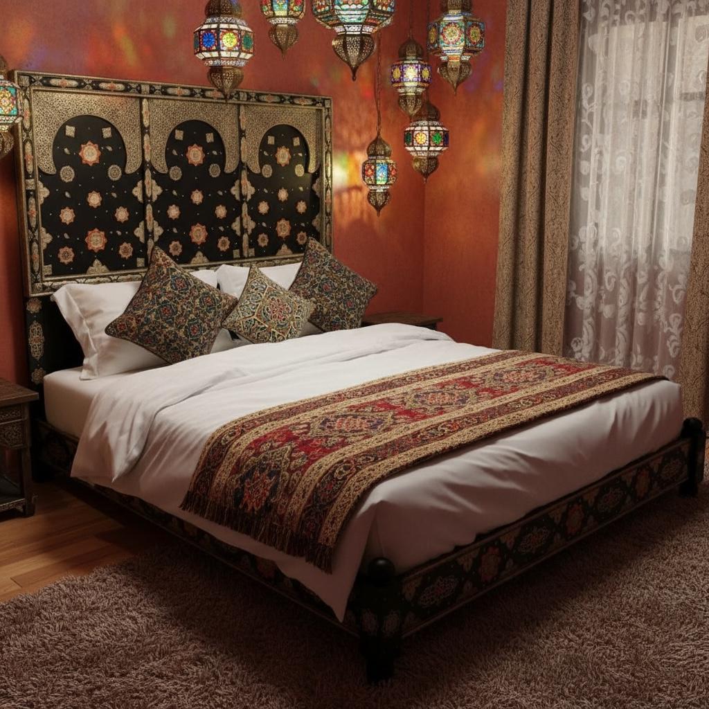 Vintage Silver Inlaid Camel Bone Headboard: Moroccan Sultan Bed