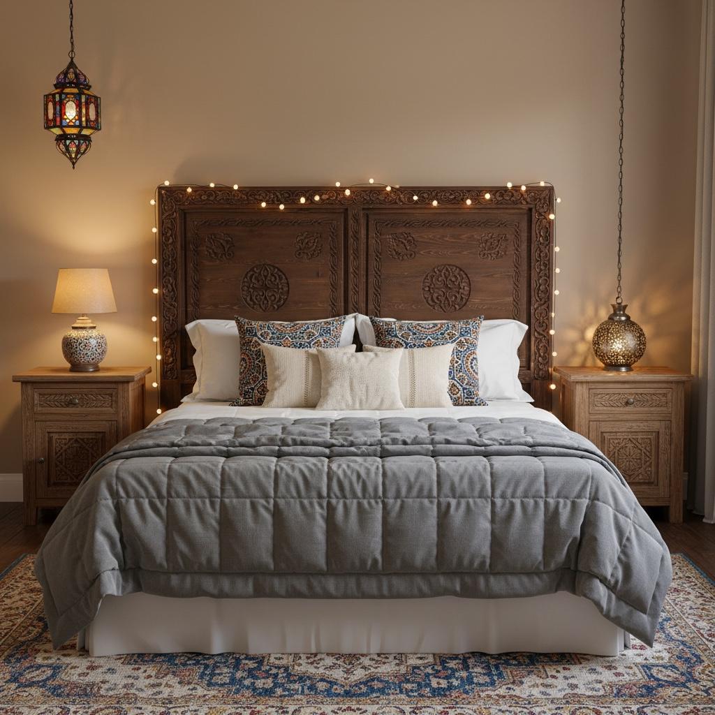 Handmade Carved Cedar Headboard - Vintage Moroccan Moorish Bed (67x51)