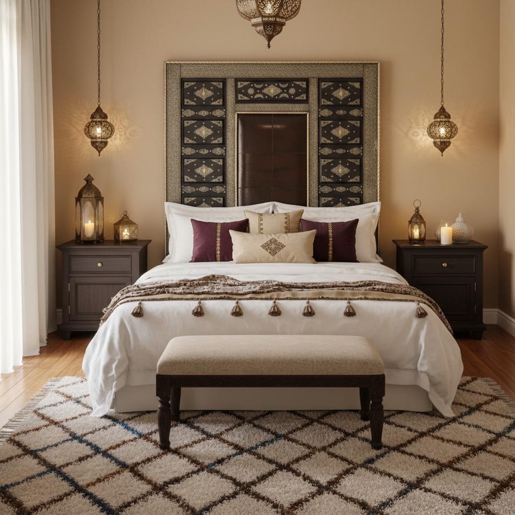Handmade Leather Moroccan Bed with Silver Metal Artwork
