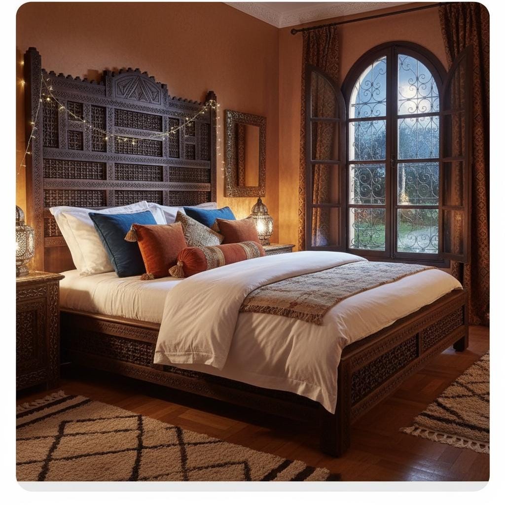 Handmade Moroccan Mousharabia Bed - Carved Lattice Headboard