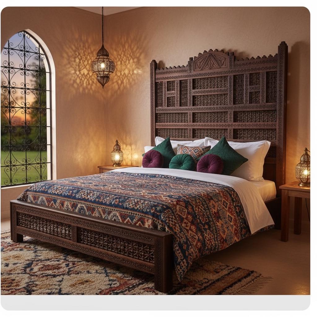 Handmade Moroccan Mousharabia Bed - Carved Lattice Headboard