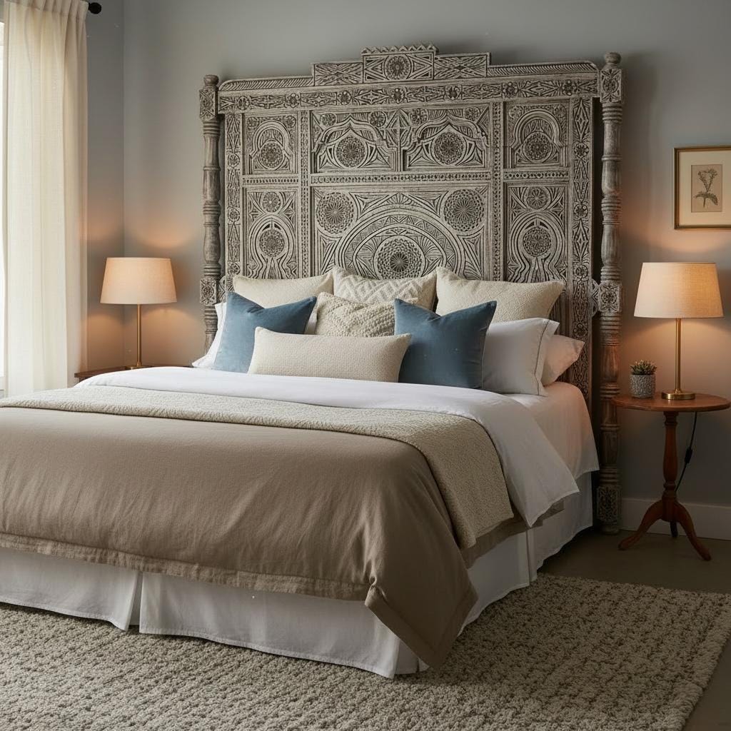 Moroccan carved wooden headboard with intricate designs, Marrakech Riad style, for a bed, by Justmorocco