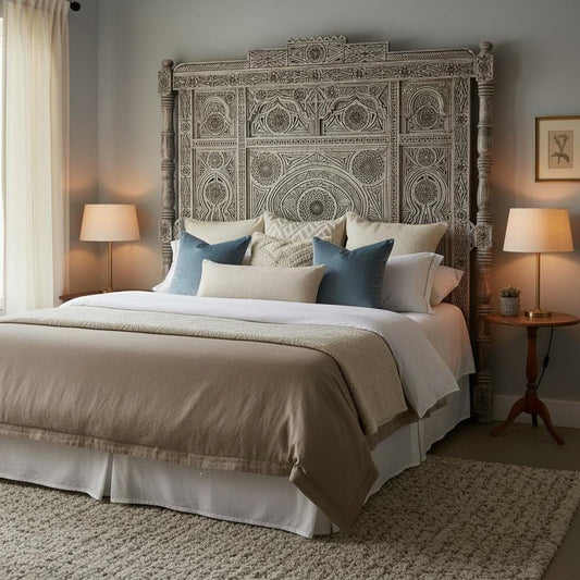 Moroccan carved wooden headboard with intricate designs, Marrakech Riad style, for a bed, by Justmorocco