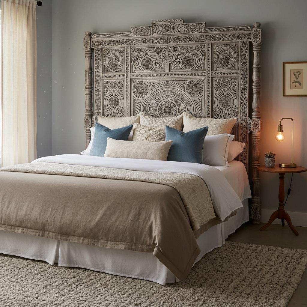 Moroccan carved Marrakech Riad headboard bed with intricate wood design, handcrafted by Justmorocco.