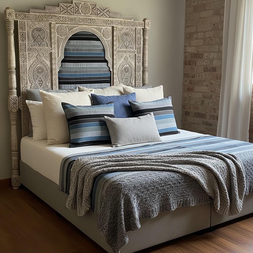 Moroccan carved wooden headboard with Sabra upholstered cushion, stylish and intricate design by Justmorocco for a bed décor.
