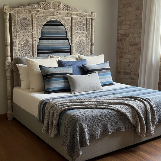 Moroccan carved wooden headboard with Sabra upholstered cushion, stylish and intricate design by Justmorocco for a bed décor.
