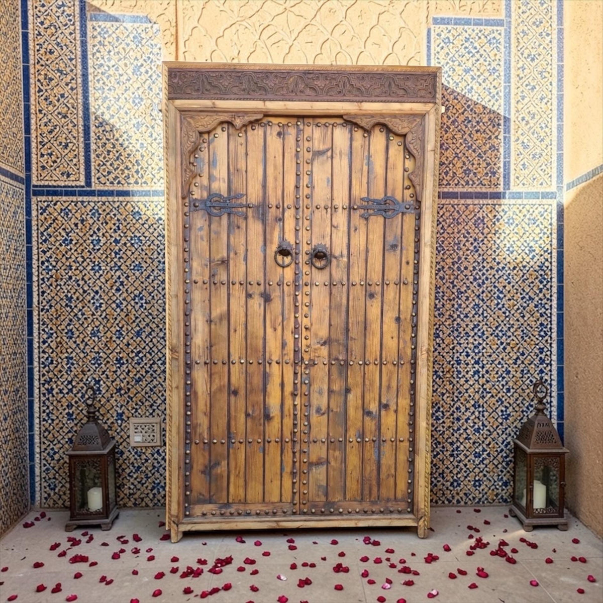 Vintage Moroccan Double Door: Handmade Carved Cedar with Metal Accents