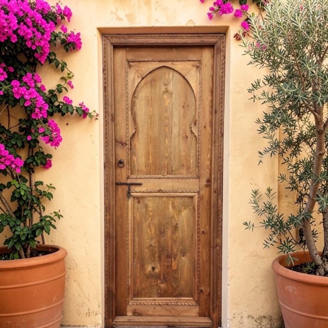 Handmade Moroccan Cedar Riad Door: Arched Architectural Interior Piece