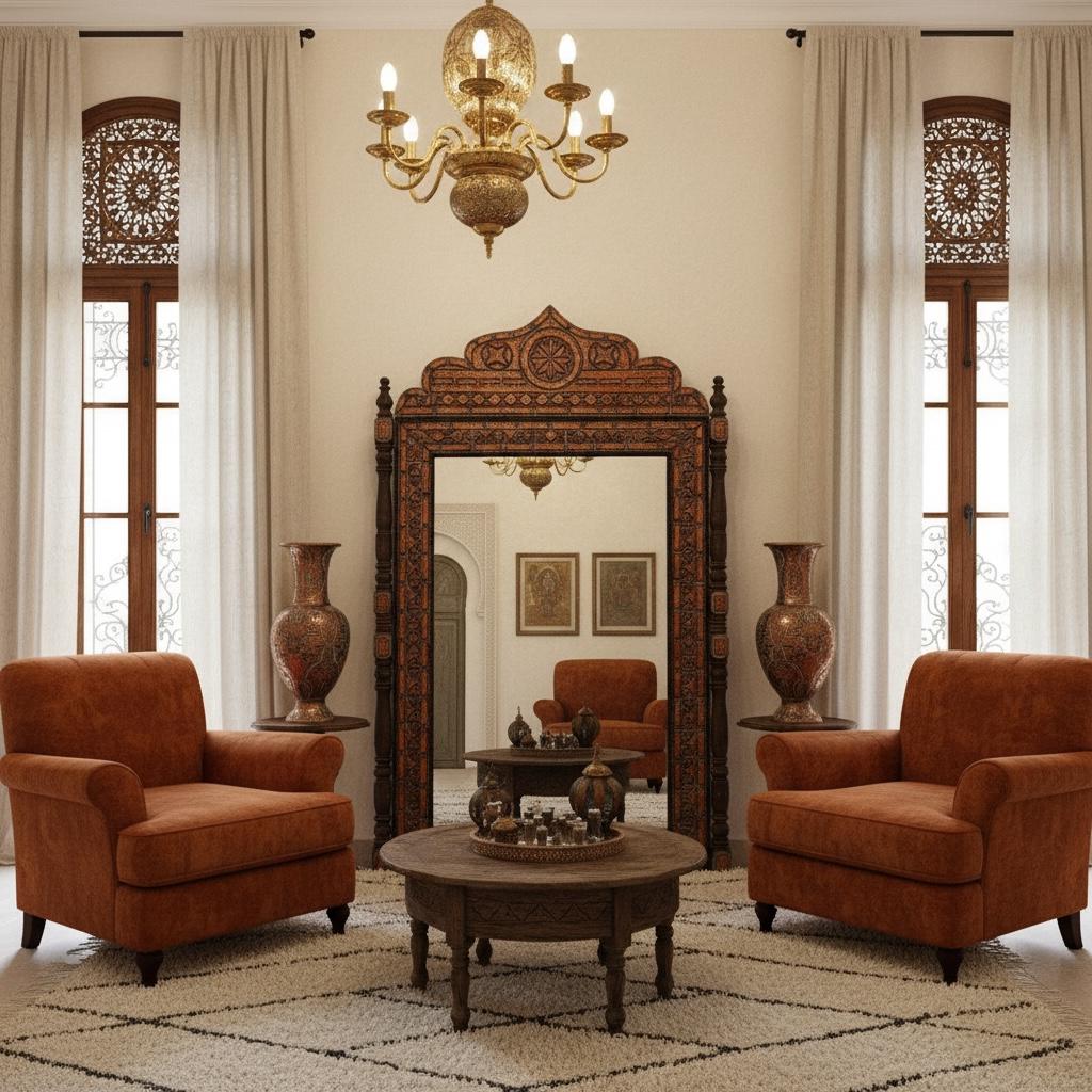 Handmade Moroccan Mirror, Orange Camel Bone Inlay, Berber Design