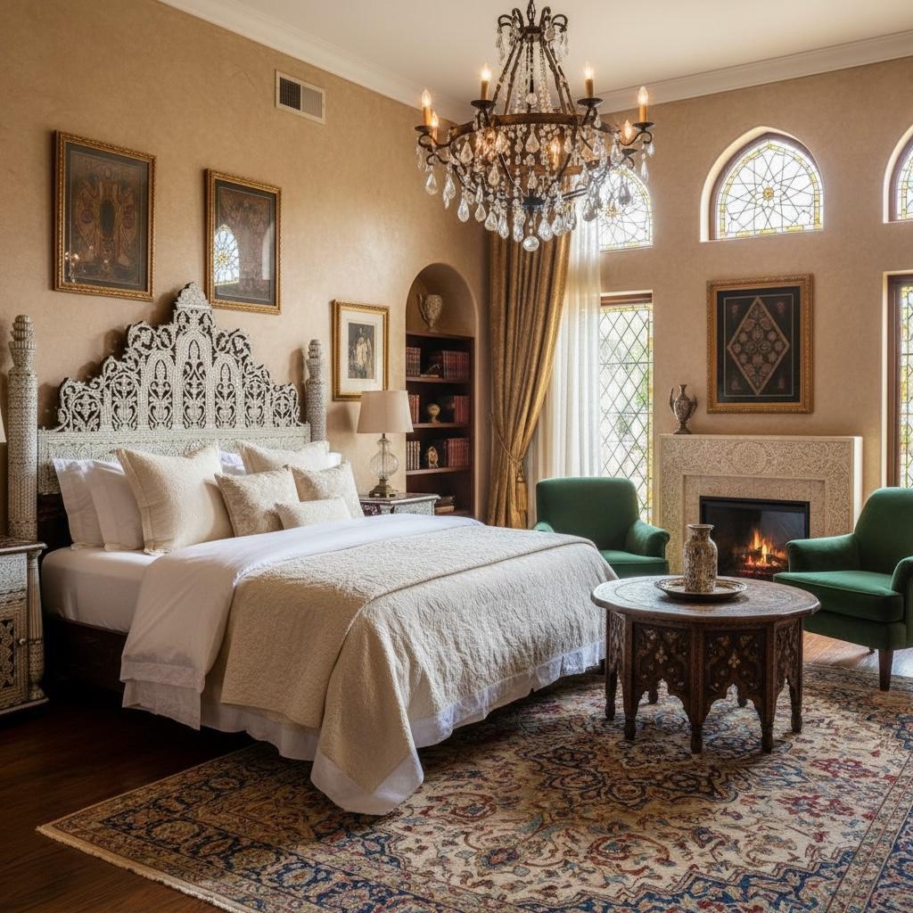 Syrian Mother of Pearl Inlay Bed with Nightstands, Middle Eastern Royal Bedroom Set