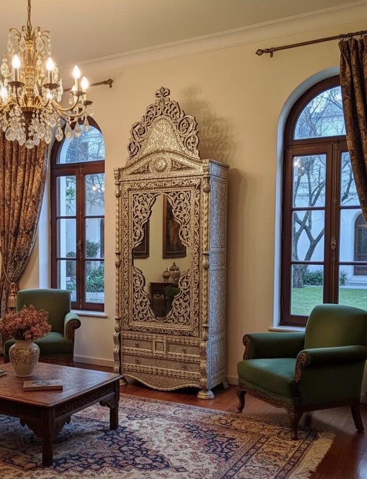 Handmade Syrian Armoire, White Mother of Pearl Inlay, Moroccan Bone Decor