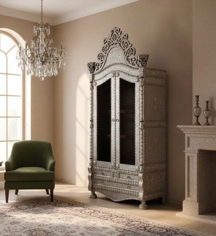 Handmade Moroccan Armoire, White Mother of Pearl Inlay, Syrian Bone Chest