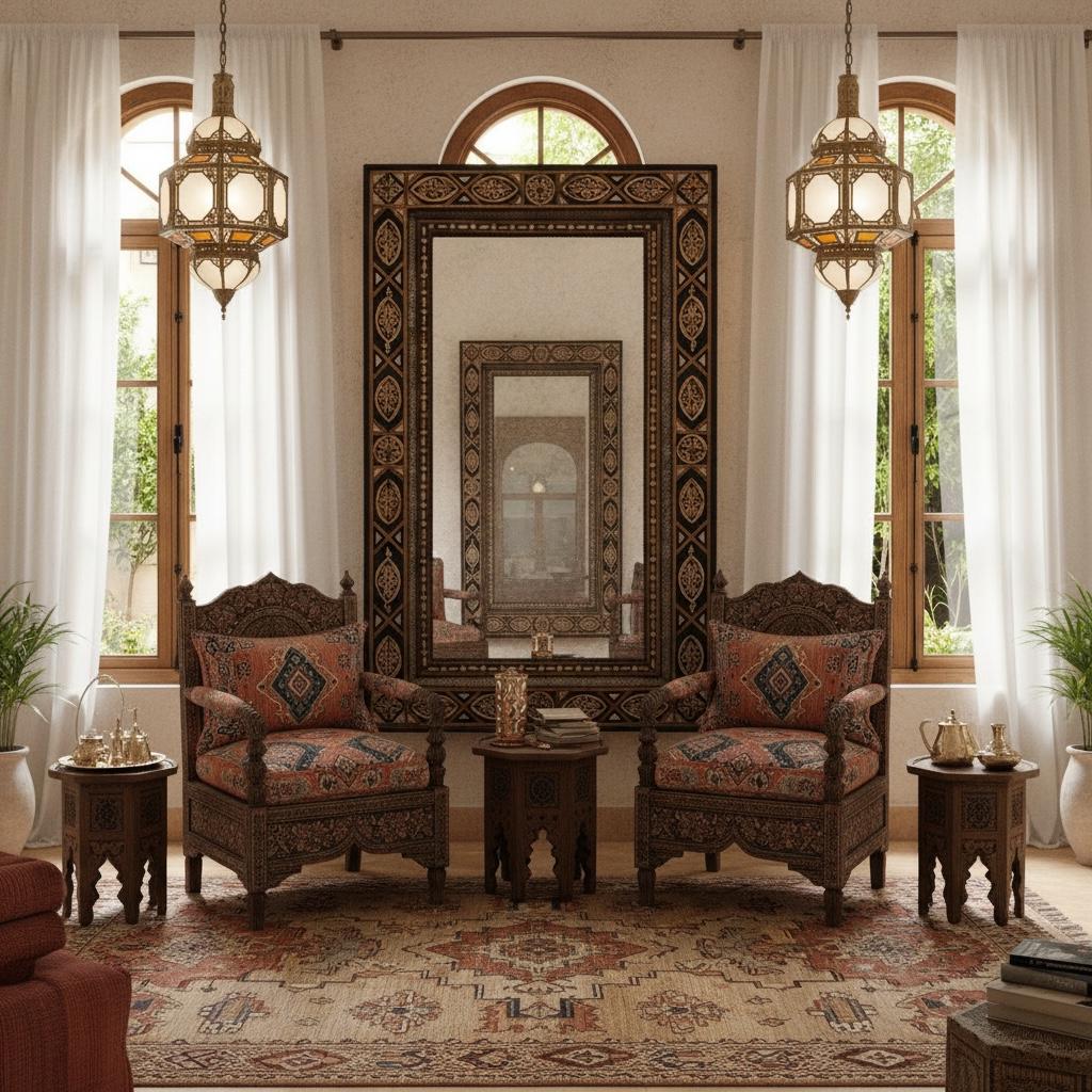 Large Exquisite Moroccan Mirror: Camel Bone, Silver, Handmade