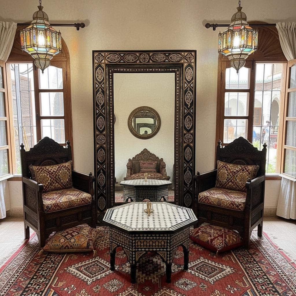 Large Exquisite Moroccan Mirror: Camel Bone, Silver, Handmade