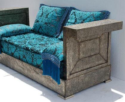 Eclectic Moroccan Daybed Sofa: Silver Metal Bench with cushions