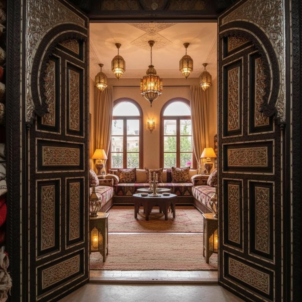 Vintage Middle Eastern Door: Camel Bone & Silver Inlaid Cedar, Palace Style
