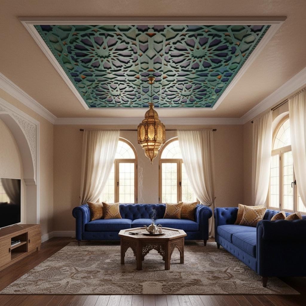 Hand-Painted Moroccan Wooden Ceiling Panel, Geometric artwork