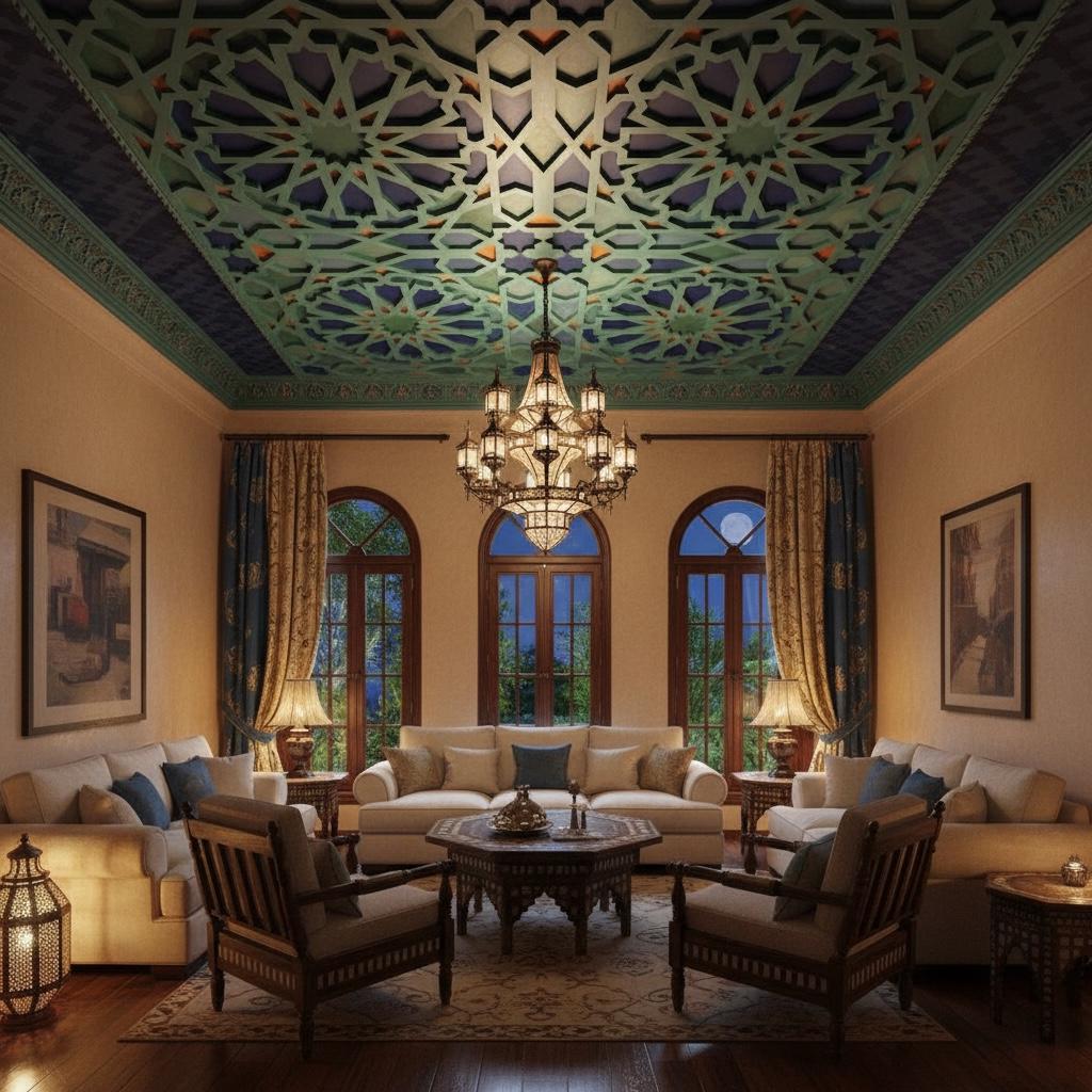 Hand-Painted Moroccan Wooden Ceiling Panel, Geometric artwork