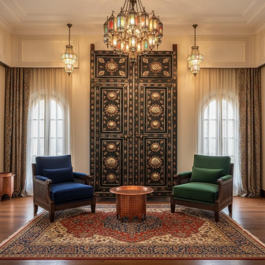 Vintage Moorish Palace Double Door: Camel Bone & Silver Inlaid