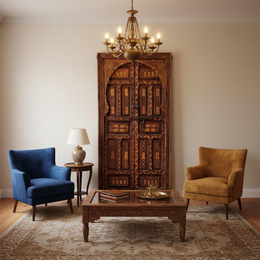Carved Cedar Double Door: Vintage African Berber door